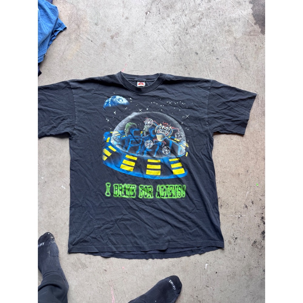 Vintage Looney Tunes I Brake For Aliens Marvin The Martian Taz Shirt Black XXL